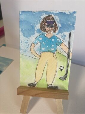 Original Mixed Media whimsical Golf art Aceo card in Blue and Cream